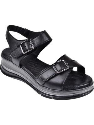 Floor Hakiki Deri Comfort Kadın Sandalet MAK-1906 Siyah