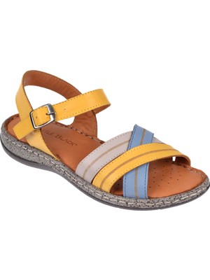 Castle Black Hakiki Deri Comfort Kadın Sandalet CB-22382 Sarı Multi