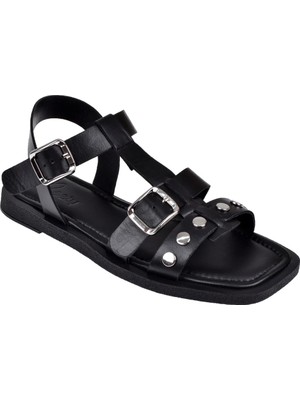 Beety Hakiki Deri Düz Taban Kadın Sandalet BEE-M270 Siyah
