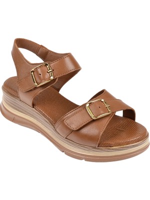 Floor Hakiki Deri Comfort Kadın Sandalet MAK-1906 Taba