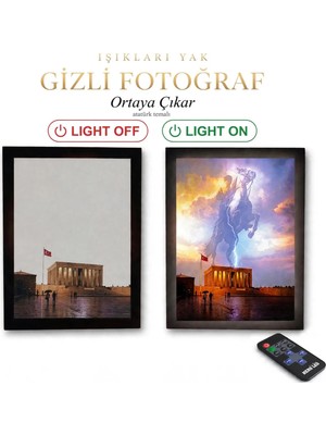Kutup Yıldızı Tasarım Atölyesi Sihirli Işıklı Atatürk Tablosu - Kumandalı Gizli Fotoğraf Dekoratif LED Çerçeve