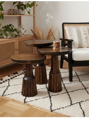 Aselya Home Doğal Ahşap 3'lü Set Ceviz Renk Mantar Yan Sehpa Modern