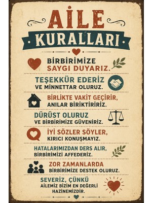 Lucena Aile Kuralları Retro Metal Tablo Vintage Dekoratif Duvar Yazısı 15X20 cm