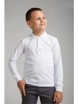 Teknotrust Unisex Beyaz Polo Yaka Uzun Kollu Şık Okul Tişörtü
