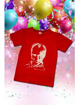 Çocuk Düz Kırmızı Atatürk Baskılı Unisex T-Shirt