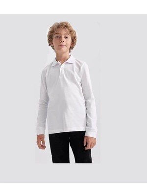 Mco Beyaz Uzun Kol Polo Yaka Okul Tişörtü Unisex Üniforma