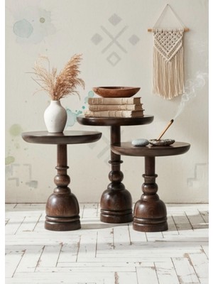 Aselya Home Doğal Ahşap 3'lü Set Ceviz Renk Mantar Yan Sehpa Modern Fiskos