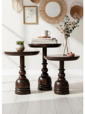 Aselya Home Doğal Ahşap 3'lü Set Koyu Ceviz Mantar Yan Sehpa Modern Zigon Çiçeklik
