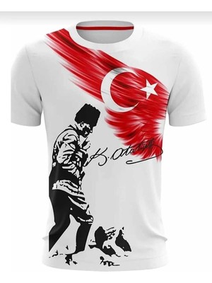 Mavimoure Unisex 23 Nisan 29 Ekim 19 Mayıs Gösteri Kostüm Atatürk Baskılı ve Türk Bayraklı Ayyıldızlı Tişört