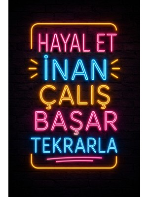 Lucena Neon Motivasyon Duvar Tablosu Metal Hayal Et Inan Çalış Başar Dekoratif Yazı 15X20 cm