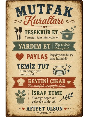 Lucena Vintage Mutfak Kuralları Tablosu Metal Duvar Dekoru Retro Mutfak Panosu 15X20 cm