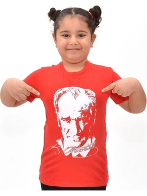Kısa Kol Kırmızı Beyaz Atatürk Baskılı Tişört - Sıfır Yaka Çocuk Tişört - Atatürk Baskılı Tişört