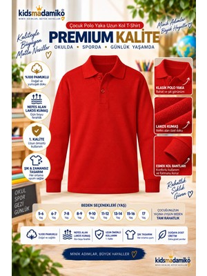 Kidsmadamiko Unisex Uzun Kollu Polo Yaka Pamuklu Okul T-Shirt