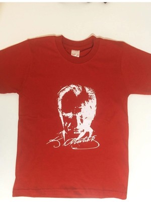 Erkek Çocuk Kırmızı Atatürk Baskılı Bisiklet Yaka T-Shirt