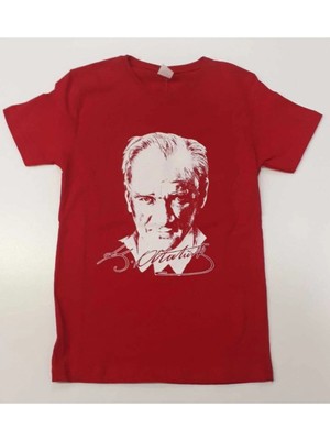 Şımarık Unisex Çocuk Kırmızı Atatürk Potre Baskılı T-Shirt