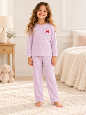 Luess Kız Çocuk Lila Puantiyeli Uzun Kollu Pijama Takımı