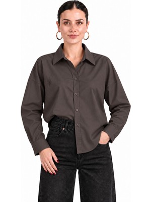 Kadın Koyu Kahve Oversize %100 Cotton Premium Poplin Gömlek E26-CON1724