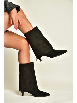 Fox Shoes Z820484202 Siyah Süet Kalın Topuklu Foldover Bot