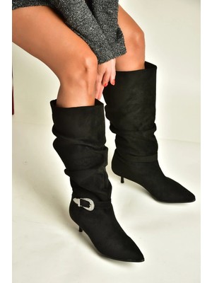 Fox Shoes Z726105702 Siyah Süet Ince Topuklu Büzgülü Kadın Çizme