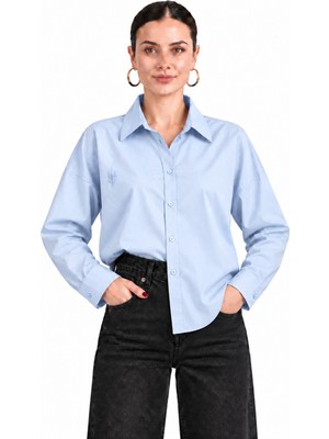 Kadın Mavi Oversize %100 Cotton Premium Poplin Gömlek E26-CON1724