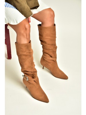 Fox Shoes Z726105702 Taba Süet Ince Topuklu Büzgülü Kadın Çizme
