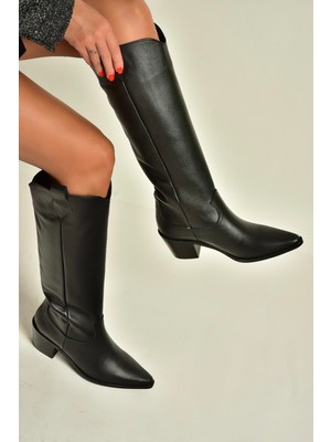 Fox Shoes Z654182303 Siyah Hakiki Deri Kalın Topuklu Kovboy Model Kadın Çizme
