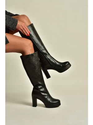 Fox Shoes Z996224509 Siyah Arkası Dalgıç Streç Kumaş Kalın Topuklu Kadın Çizme