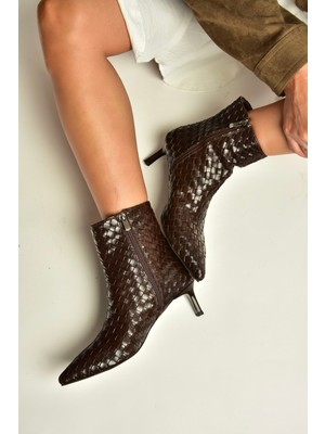 Fox Shoes Z676588909 Kahverengi Örgü Detaylı Kitten Topuklu Bilek Boy Kadın Bot