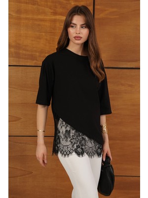 Very Moda Dantel Detaylı Asimetrik Tişört | D2953