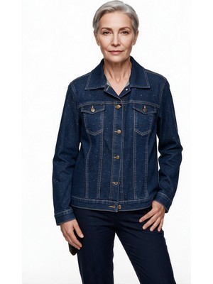 Seleste Kadın Gömlek Yaka Düğmeli Cepli Taş İşlemeli Denim Ceket 26YC26-1