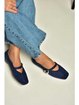 Fox Shoes Y726632602 Lacivert Süet Kalp Toka Detaylı Kadın Babet