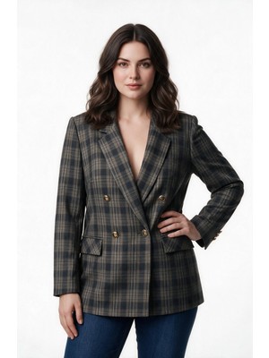 Ekol Kadın Büyük Beden Ekose Desenli Kruvaze Blazer Ceket Çentikli Yaka