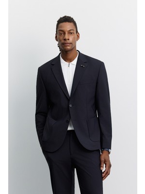 AVVA Erkek Lacivert Mono Yaka Kırışmayan Teknik Kumaş Comfort Slim Fit Ceket A62Y4009