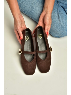 Fox Shoes Y726632602 Kahverengi Süet Kalp Toka Detaylı Kadın Babet