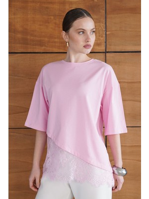Very Moda Dantel Detaylı Asimetrik Tişört | D2953