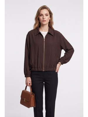 Ysatis Kadın Dokulu Kumaş Fermuarlı Gömlek Yaka Crop Overshirt 26266000118