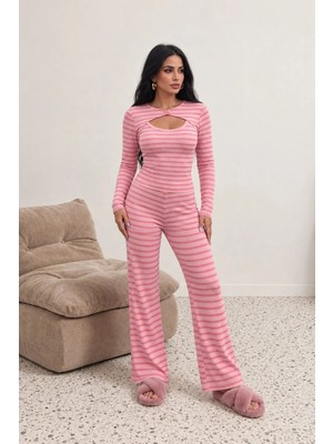 EVOA Pembe 3'lü Çizgili Atletli ve Bolerolu Pijama Takım Xs - Pembe