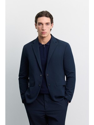 AVVA Erkek Lacivert Mono Yaka Çıtçıt Kapama Kırışmayan Su İtici Teknik Kumaş Comfort Slim Fit Ceket A62Y4000