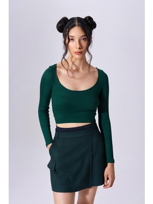 Naar Kadın Slim Fit Geniş U Yaka Örme Uzun Kollu Crop Body Üst