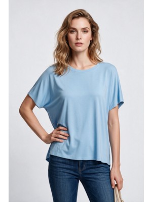 Sempre MOOIJ Kadın Bisiklet Yaka Düşük Omuz Rahat Kesim Pamuk Karışımlı T-Shirt J1087