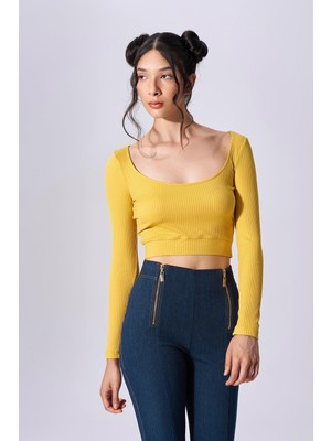 Naar Kadın Slim Fit Geniş U Yaka Örme Uzun Kollu Crop Body Üst
