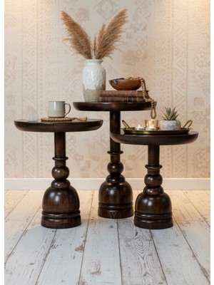 Aselya Home Doğal Ahşap 3'lü Set Mantar Yan Sehpa Modern