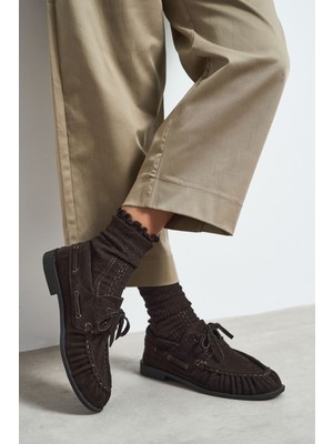 Nişantaşı Shoes Katy Bitter Kahve Süet Deri Bağcık Detay Kadın Loafer Ayakkabı