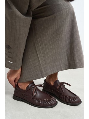 Nişantaşı Shoes Katy Kahve Mat Deri Bağcık Detay Kadın Loafer Ayakkabı
