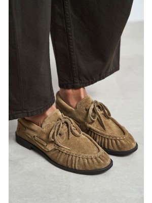 Nişantaşı Shoes Katy Rome Bej Süet Deri Bağcık Detay Kadın Loafer Ayakkabı