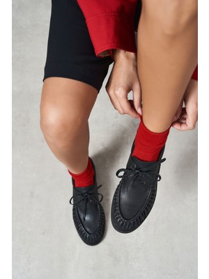 Nişantaşı Shoes Katy Siyah Mat Deri Bağcık Detay Kadın Loafer Ayakkabı