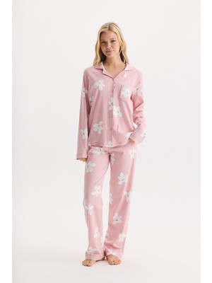 Etoile %100 Pamuk Kumaş Uzun Kol Önden Düğmeli Çiçek Desenli Gömlek Yaka Pijama Takımı 27302-27303