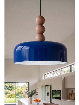 Marrien Marella Modern 3lü Ahşap Boncuk Detaylı Lacivert Metal Sarkıt (30 Cm) Yemek Masası Üstü Avize Mutfak & Salon Aydınlatması