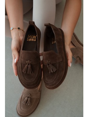 Selin Shoes Belluno Hakiki Deri Püsküllü Kadın Loafer- Kahve Süet