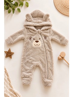 Dinamik çocuk Erkek Bebek Tulum Welsoft Tatlı Ayıcık Nakışlı Peluş Kapüşonlu Fermuarlı Manşetli Kışlık 0-12AY